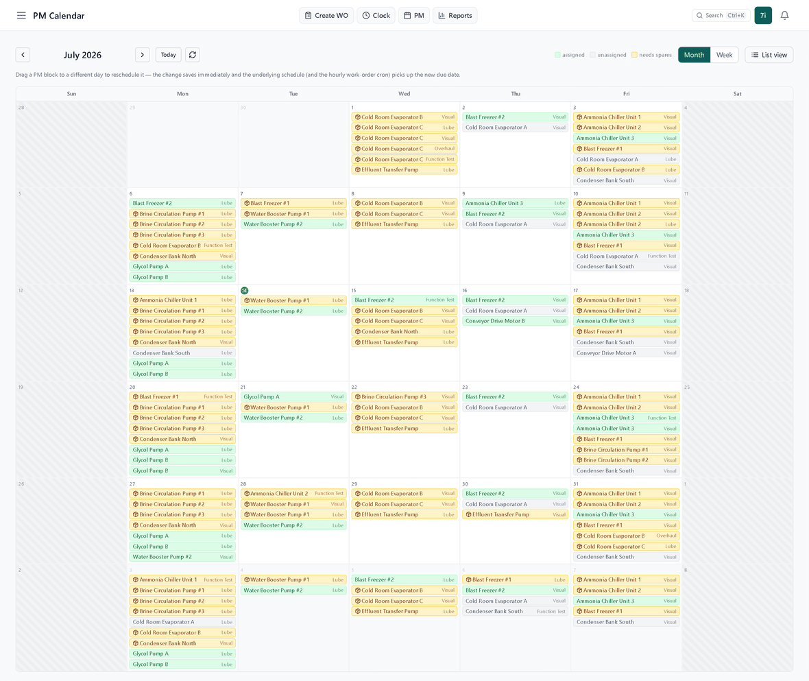 7Maintain PM calendar — a month of dated preventive-maintenance tasks across every asset, colour-coded by assignment and balanced within the team's working days and capacity.