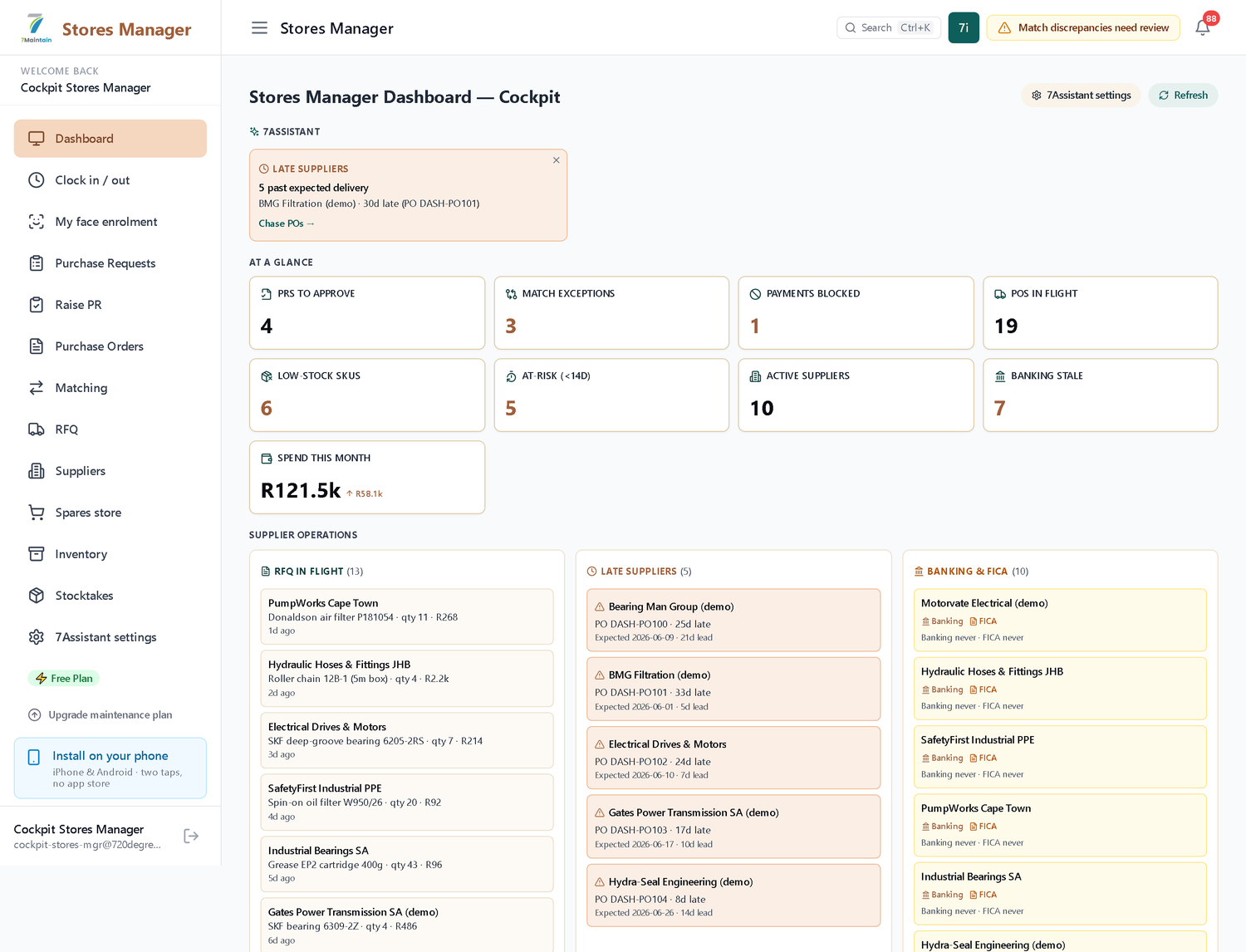 7Maintain Stores Manager dashboard — at-a-glance KPIs, late suppliers, live supplier quotes and stock across every store